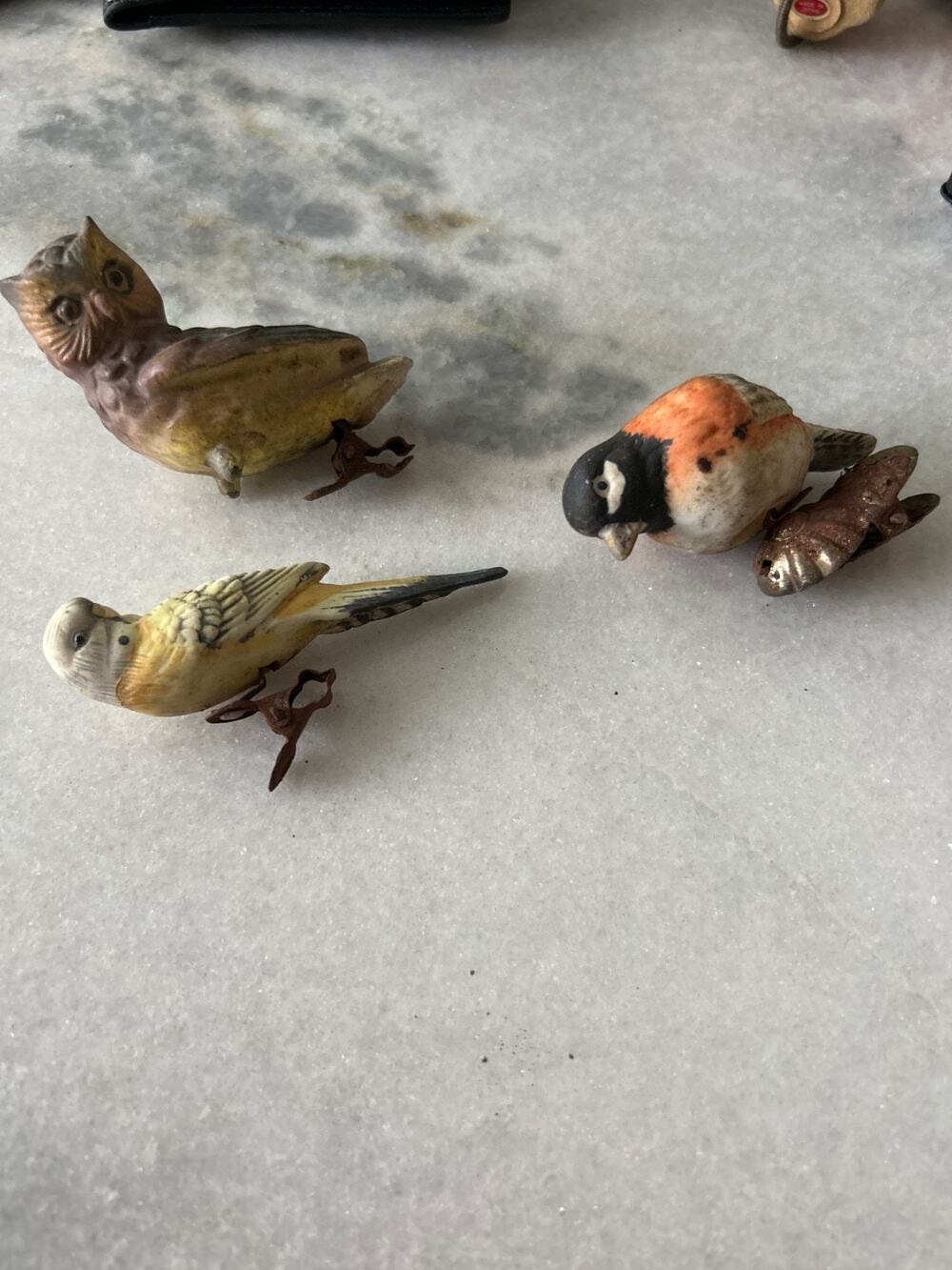 Vintage Ceramic Clip On Bird Ornaments Lot of 3 Parakeet Songbird Owl As Is